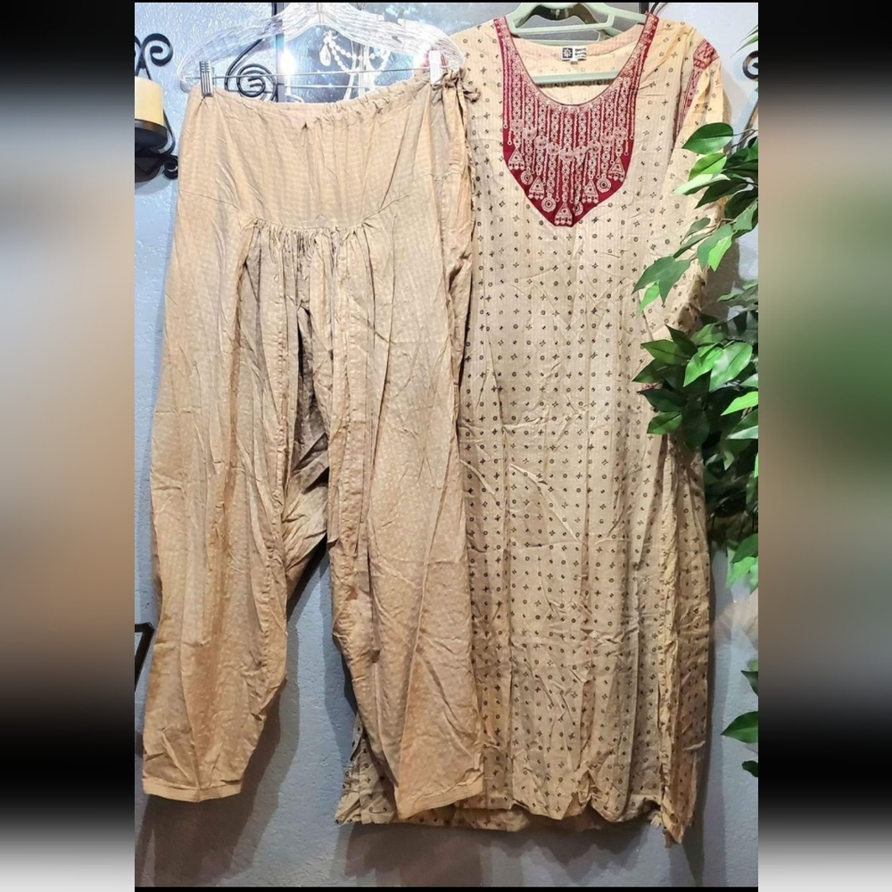 VTG Mens Kurta & Harem Pants Red Beige Traditional Set Size 46